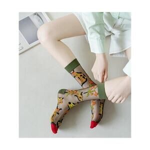 Womens Sheer Socks Transparent Thin Vintage Flower/Polka Dot Mesh Lace